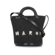 Zwarte Katoenmix Leren Handtas Marni , Black , Dames