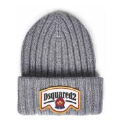 Grijze Geribbelde Wollen Muts met Logo Dsquared2 , Gray , Heren