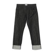 Zwarte Denim Jeans met Omgeslagen Zoom Amish , Black , Heren