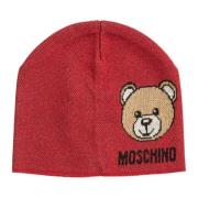 Effen Logo Teddybeer Beanie Moschino , Red , Dames