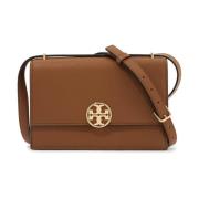 Gehamerd Leren Crossbody Tas met Dubbel T Logo Tory Burch , Brown , Da...