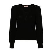 Zwarte V-hals Gebreide Trui met Details Twinset , Black , Dames