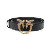 Zwart Leren Riem met Gouden Logo Pinko , Black , Dames