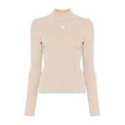 Beige Ribgebreide Trui met Logopatch Courrèges , Beige , Dames