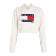 Cropped Sweater met V-hals Tommy Jeans , White , Dames