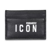 Zwarte Leren Kaarthouder met Wit Icon Logo Dsquared2 , Black , Heren