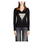 Zwart Bedrukt T-shirt met Lange Mouwen Vrouwen Guess , Black , Dames