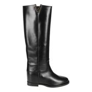 Zwarte Leren Laarzen met Gouden V-Detail Via Roma 15 , Black , Dames