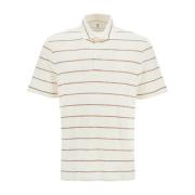 Gestreept Linnen Katoenen Poloshirt Brunello Cucinelli , White , Heren