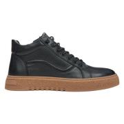 Heren High-Top Zwarte Sneakers gemaakt van Echt Italiaans Leer met Bru...