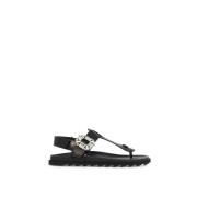 Leren Strass Gesp Flip Flops Roger Vivier , Black , Dames