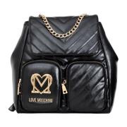 Zwarte Chevron Gewatteerde Rugzak met Gouden Details Love Moschino , B...