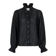 Glitter Smock Blouse met Knopen Neo Noir , Black , Dames