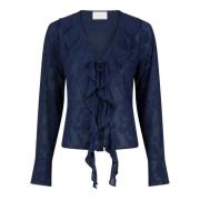 Burnout Blouse met Ruffle Detail Neo Noir , Blue , Dames