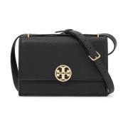 Schoudertas van gehamerd leer met dubbel T-logo Tory Burch , Black , D...