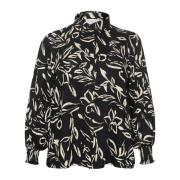 Bloemenoverhemdblouse zwart/zand geschilderde bloem Kaffe Curve , Blac...