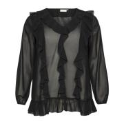 Elegante zwarte diepe blouse met ruche Kaffe Curve , Black , Dames