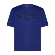 Blauw Katoenen Crewneck T-Shirt met Reliëf Logo Lanvin , Blue , Heren