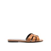 Bruin Leren Platte Sandalen Saint Laurent , Brown , Dames