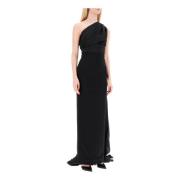 Een-Schouder Seersucker Maxi Jurk Solace London , Black , Dames