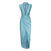 Blauwe V-hals Gedrapeerde Asymmetrische Jurk Amen , Blue , Dames