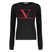 Geribbelde wollen crew-neck sweater met logo Valentino , Black , Dames