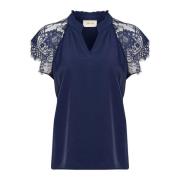 Navy Kant Blouse met V-hals Cream , Blue , Dames