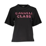 Zwart Katoenen T-shirt met Roze Logo Cavalli Class , Black , Dames