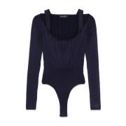 Blauwe Geribbelde Gebreide Top Met Uitsnijding Mugler , Blue , Dames