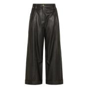 Wijde leren broek met zakken Momoni , Black , Dames