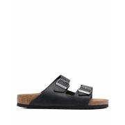 Zwarte Leren Open Teen Sandalen Birkenstock , Black , Dames