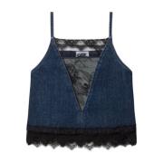 Blauwe Denim Kant Inzet Top Off White , Blue , Dames