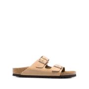 Bruine Leren Sandalen Open Teen Instapper Birkenstock , Brown , Heren