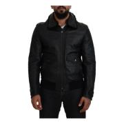 Zwarte leren bomberjack met shearling kraag Dolce & Gabbana , Black , ...