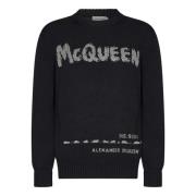 Zwarte Crewneck Sweater met Grijs Logo Alexander McQueen , Black , Her...