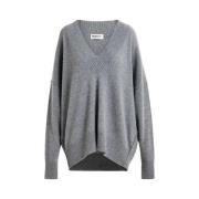 Oversized V-hals Gebreide Trui Essentiel Antwerp , Gray , Dames