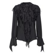 Zijden Chiffon Ruche Shirt Pinko , Black , Dames