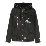 Zwarte Denim Patchwork Hoodie Jas Evisu , Black , Heren