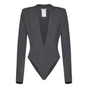 Grijze V-hals Top met Gewatteerde Schouders Amazuin , Gray , Dames