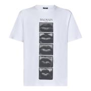 Wit T-shirt met lippenmotief Balmain , White , Heren