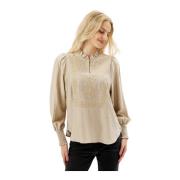 Emma Blouse met Smock Manchetten IN Front , Beige , Dames