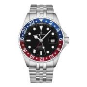 Automatische duiker' GMT zwarte wijzerplaat blauw en rood armband roes...