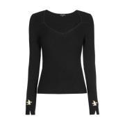 Geribbelde V-hals Top in Viscose-Kasjmier Caroline Biss , Black , Dame...