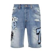 Blauwe denim shorts met patches Philipp Plein , Blue , Heren