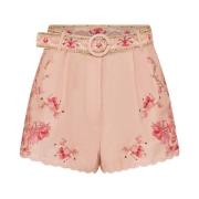 Bloemen linnen shorts met schelprand Camilla , Pink , Dames