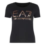 Contrasterend Logo Print T-shirt Emporio Armani EA7 , Black , Dames