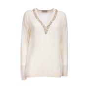 Geborduurde Gebreide Top V-Hals Stijl Ermanno Scervino , Beige , Dames