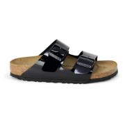 Zwarte leren slippers met gesp Birkenstock , Black , Dames