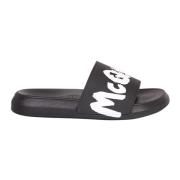 Zwarte Slide Sandalen met Logo Print Alexander McQueen , Black , Heren