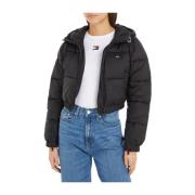 Zwarte Puffer Cropped Hooded Jas Tommy Jeans , Black , Dames